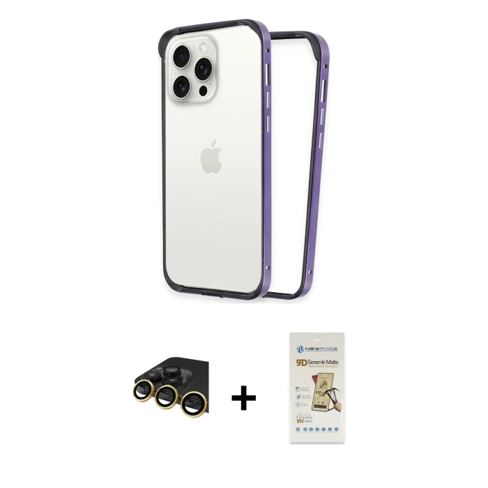 MARSİLYAN™- iPhone 14 Pro Kılıf Pusula Asil Koleksiyonu - Siyah Mat Seramik Nano Ekran Koruyucu + Raze Metal Kamera Lens - GD
