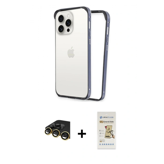 MARSİLYAN™- iPhone 14 Pro Kılıf Pusula Asil Koleksiyonu - Siyah Mat Seramik Nano Ekran Koruyucu + Raze Metal Kamera Lens - GD