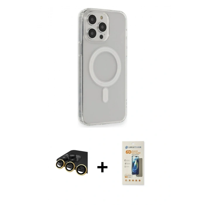 MARSİLYAN™- iPhone 14 Pro Kılıf Pusula Çizgi Koleksiyonu - Siyah 6D Mat Seramik Hayalet Nano Ekran Koruyucu + Raze Metal Kamera Lens - GD