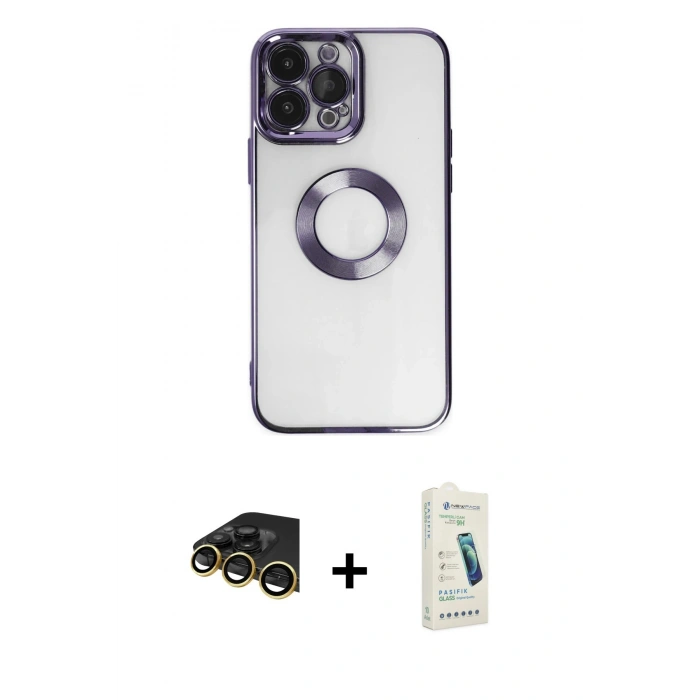 MARSİLYAN™- iPhone 14 Pro Kılıf Pusula Form - Şeffaf Pasifik Cam Ekran Koruyucu + Raze Metal Kamera Lens - GD