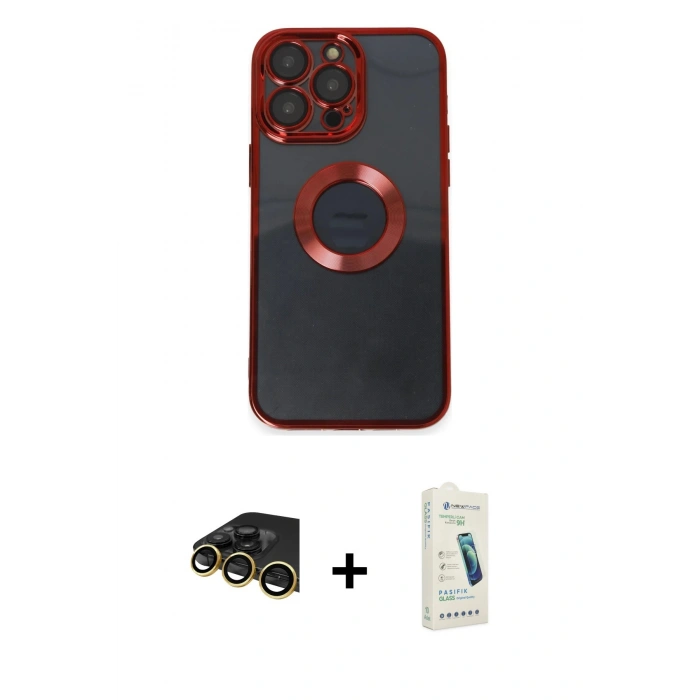 MARSİLYAN™- iPhone 14 Pro Kılıf Pusula Form - Şeffaf Pasifik Cam Ekran Koruyucu + Raze Metal Kamera Lens - GD