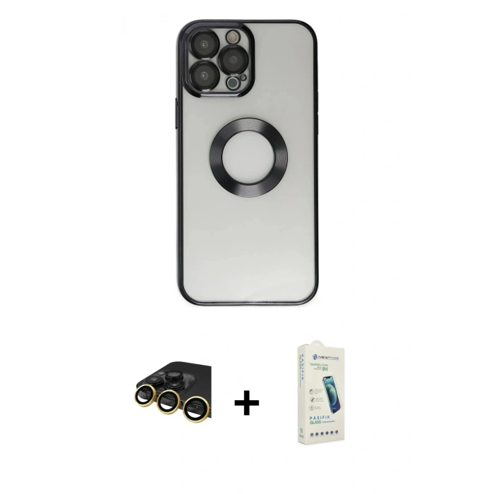 MARSİLYAN™- iPhone 14 Pro Kılıf Pusula Form - Şeffaf Pasifik Cam Ekran Koruyucu + Raze Metal Kamera Lens - GD
