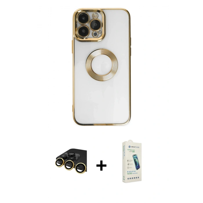 MARSİLYAN™- iPhone 14 Pro Kılıf Pusula Form - Şeffaf Pasifik Cam Ekran Koruyucu + Raze Metal Kamera Lens - GD