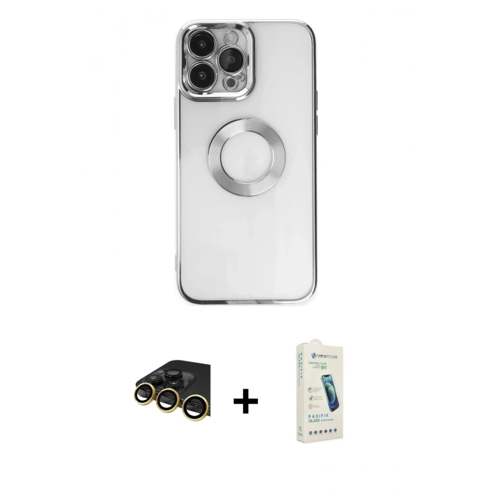 MARSİLYAN™- iPhone 14 Pro Kılıf Pusula Form - Şeffaf Pasifik Cam Ekran Koruyucu + Raze Metal Kamera Lens - GD