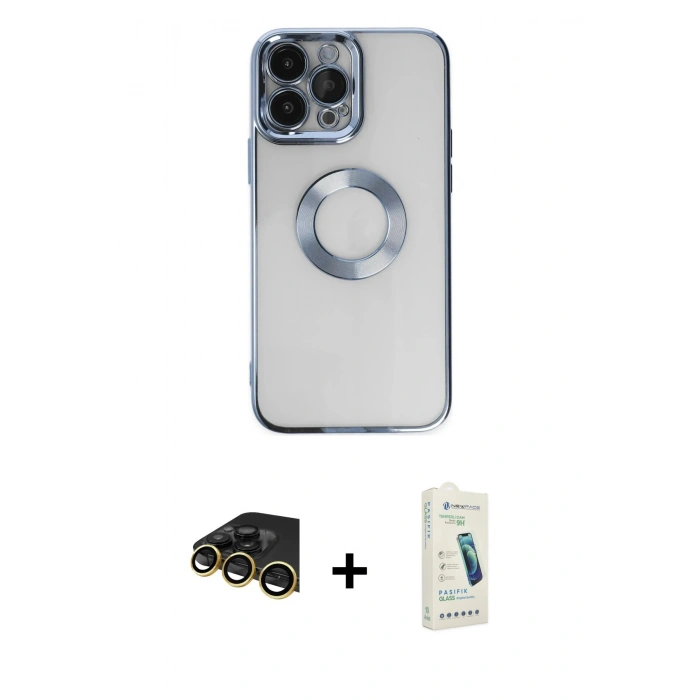 MARSİLYAN™- iPhone 14 Pro Kılıf Pusula Form - Şeffaf Pasifik Cam Ekran Koruyucu + Raze Metal Kamera Lens - GD