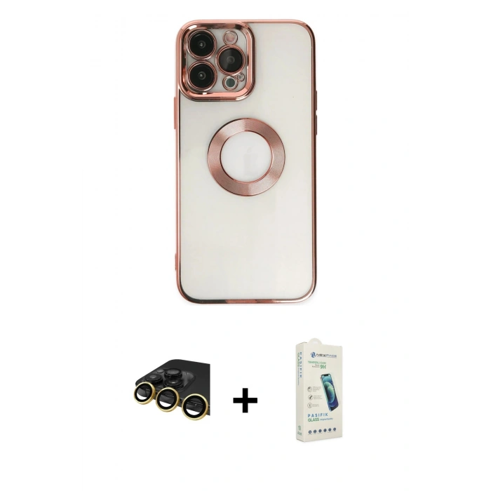 MARSİLYAN™- iPhone 14 Pro Kılıf Pusula Form - Şeffaf Pasifik Cam Ekran Koruyucu + Raze Metal Kamera Lens - GD