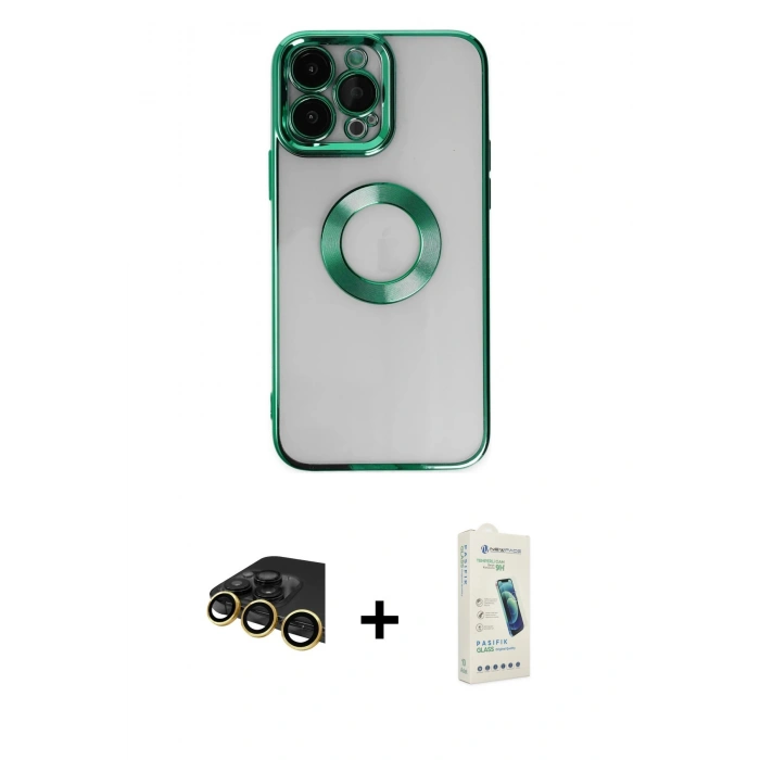MARSİLYAN™- iPhone 14 Pro Kılıf Pusula Form - Şeffaf Pasifik Cam Ekran Koruyucu + Raze Metal Kamera Lens - GD