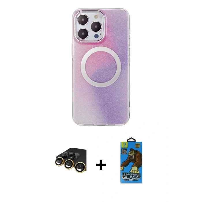 MARSİLYAN™- iPhone 14 Pro Kılıf Pusula Form - Siyah 18D Cam Ekran Koruyucu + Raze Metal Kamera Lens - GD