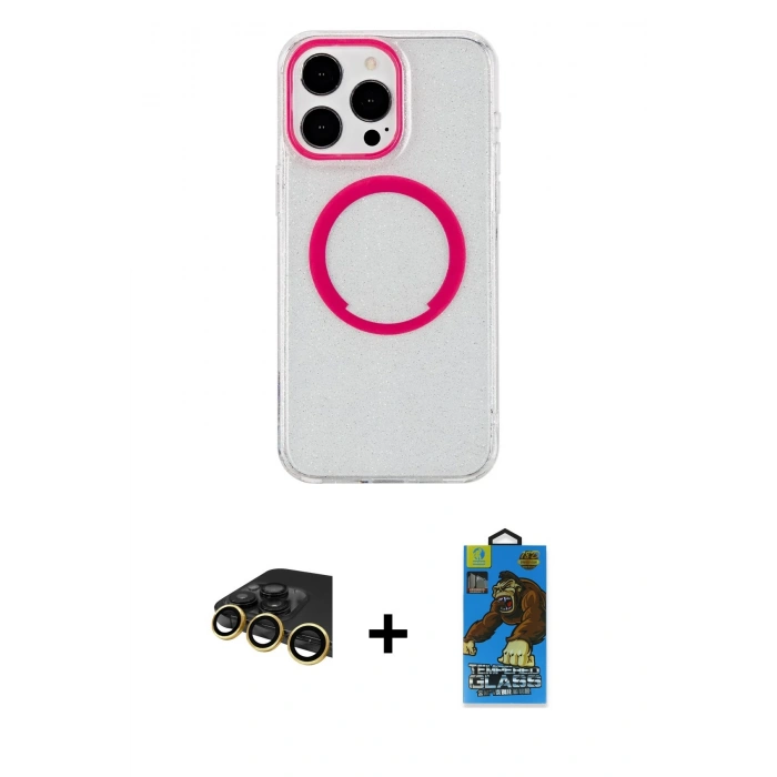 MARSİLYAN™- iPhone 14 Pro Kılıf Pusula Form - Siyah 18D Cam Ekran Koruyucu + Raze Metal Kamera Lens - GD