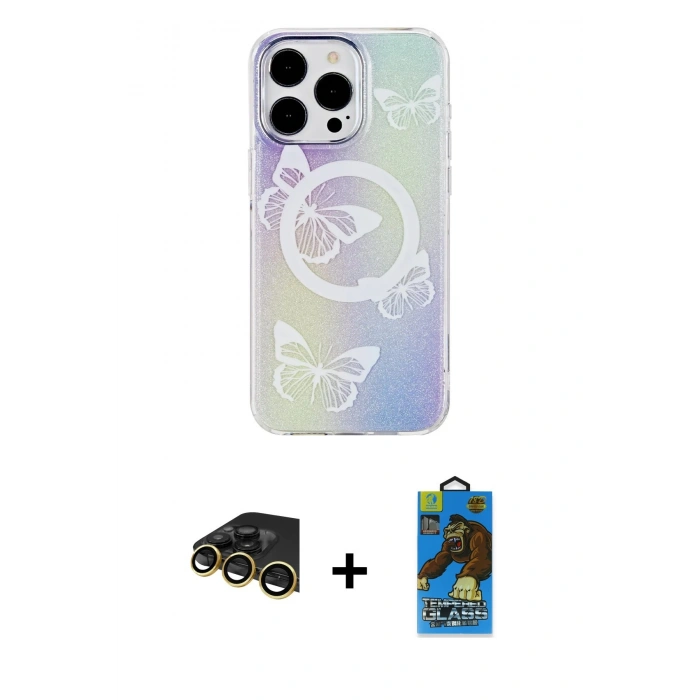 MARSİLYAN™- iPhone 14 Pro Kılıf Pusula Form - Siyah 18D Cam Ekran Koruyucu + Raze Metal Kamera Lens - GD