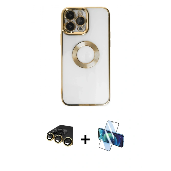 MARSİLYAN™- iPhone 14 Pro Kılıf Pusula Form - Siyah 3D Antistatik Cam Ekran Koruyucu + Raze Metal Kamera Lens - GD