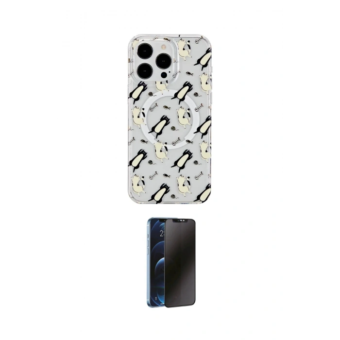 MARSİLYAN™- iPhone 14 Pro Kılıf Pusula Form - Siyah 3D Antistatik Hayalet Cam Ekran Koruyucu
