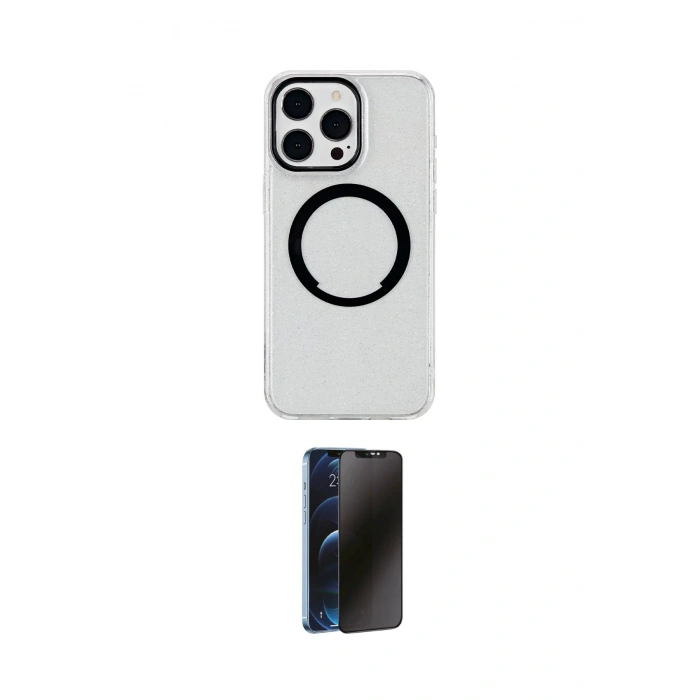MARSİLYAN™- iPhone 14 Pro Kılıf Pusula Form - Siyah 3D Antistatik Hayalet Cam Ekran Koruyucu