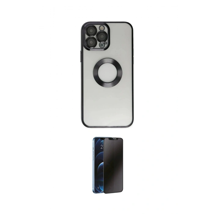 MARSİLYAN™- iPhone 14 Pro Kılıf Pusula Form - Siyah 3D Antistatik Hayalet Cam Ekran Koruyucu