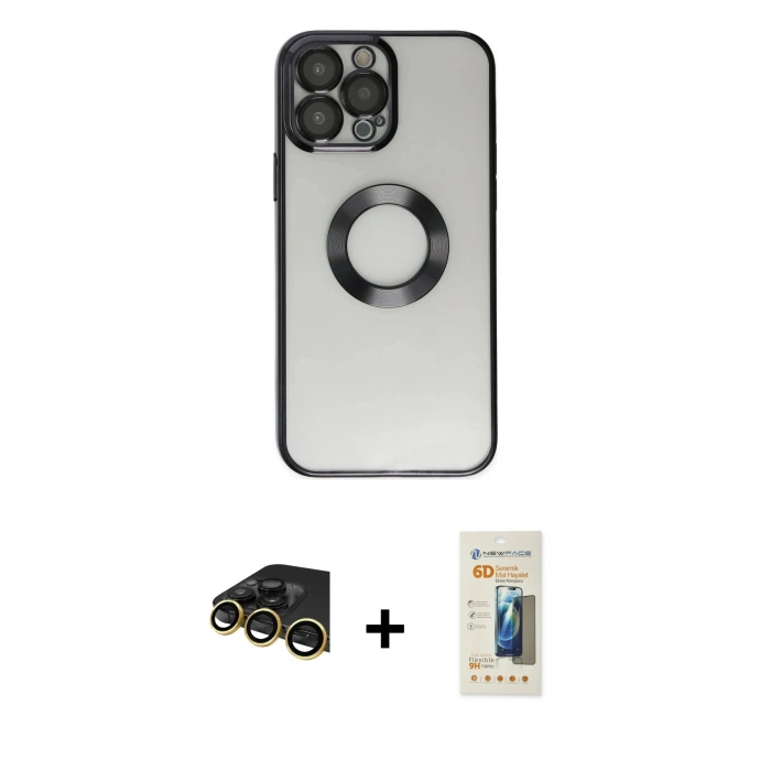 MARSİLYAN™- iPhone 14 Pro Kılıf Pusula Form - Siyah 6D Mat Seramik Hayalet Nano Ekran Koruyucu + Gold Raze Metal Kamera Lens