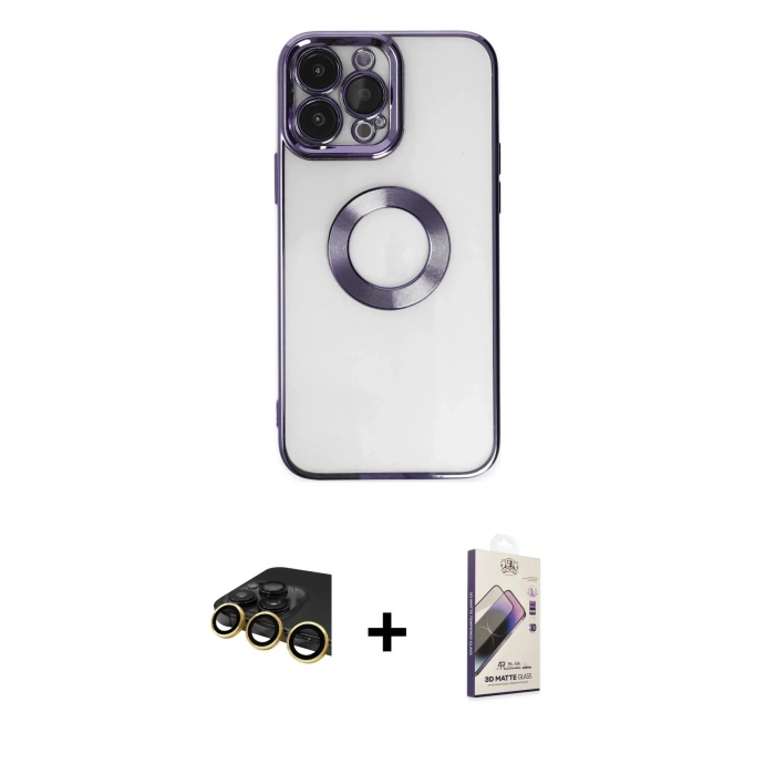 MARSİLYAN™- iPhone 14 Pro Kılıf Pusula Form - Siyah Bilvis 3D Mat Cam Ekran Koruyucu + Raze Metal Kamera Lens - GD