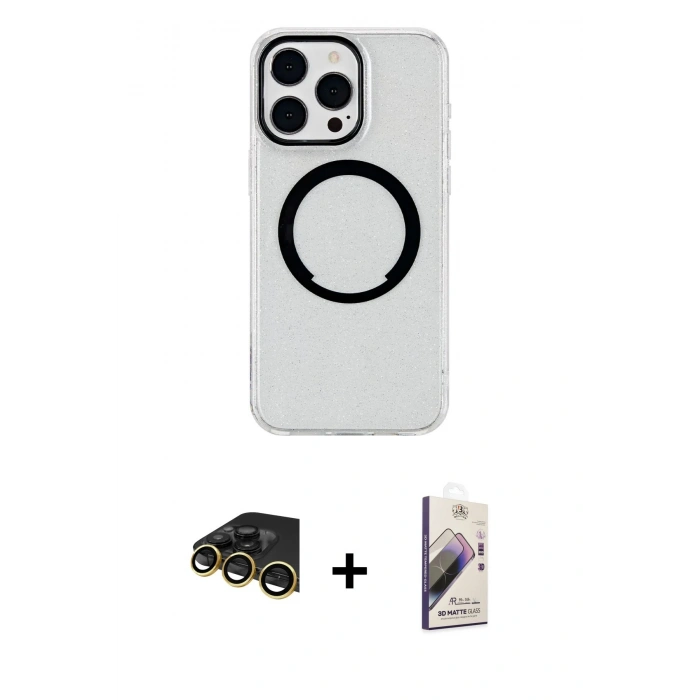 MARSİLYAN™- iPhone 14 Pro Kılıf Pusula Form - Siyah Bilvis 3D Mat Cam Ekran Koruyucu + Raze Metal Kamera Lens - GD