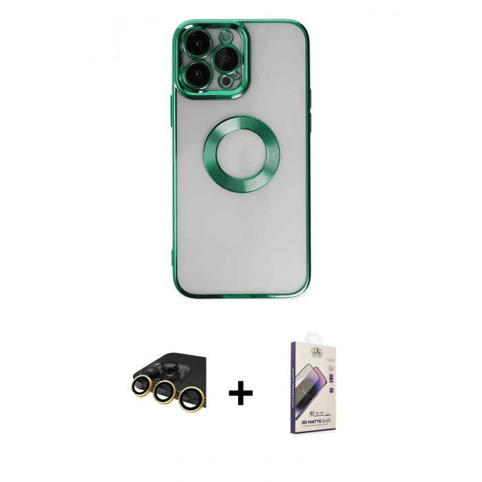 MARSİLYAN™- iPhone 14 Pro Kılıf Pusula Form - Siyah Bilvis 3D Mat Cam Ekran Koruyucu + Raze Metal Kamera Lens - GD