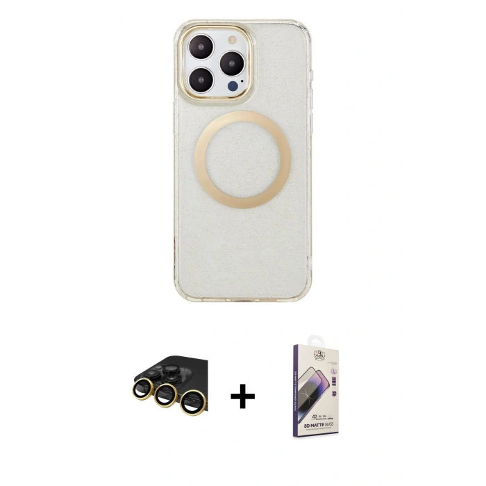 MARSİLYAN™- iPhone 14 Pro Kılıf Pusula Form - Siyah Bilvis 3D Mat Cam Ekran Koruyucu + Raze Metal Kamera Lens - GD