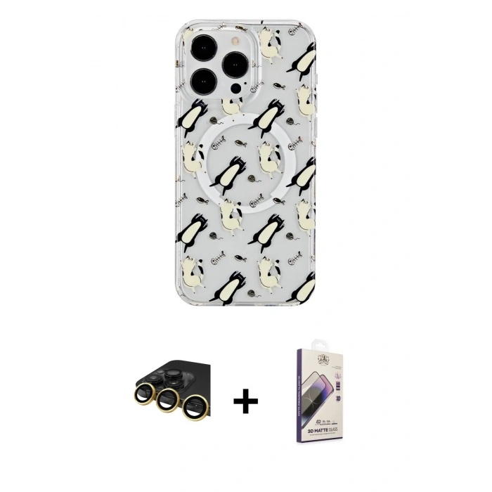MARSİLYAN™- iPhone 14 Pro Kılıf Pusula Form - Siyah Bilvis 3D Mat Cam Ekran Koruyucu + Raze Metal Kamera Lens - GD