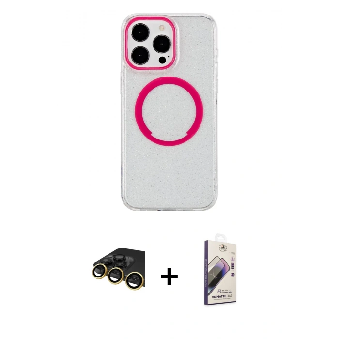 MARSİLYAN™- iPhone 14 Pro Kılıf Pusula Form - Siyah Bilvis 3D Mat Cam Ekran Koruyucu + Raze Metal Kamera Lens - GD
