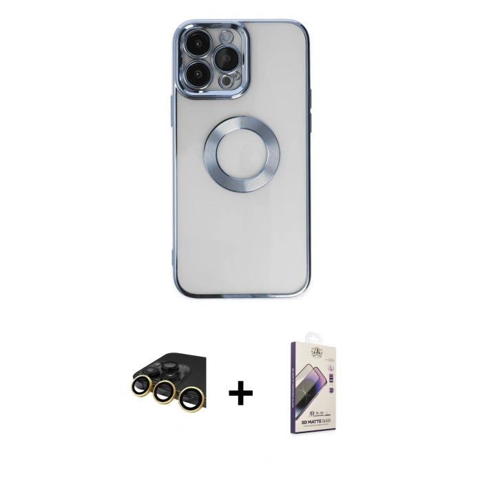 MARSİLYAN™- iPhone 14 Pro Kılıf Pusula Form - Siyah Bilvis 3D Mat Cam Ekran Koruyucu + Raze Metal Kamera Lens - GD