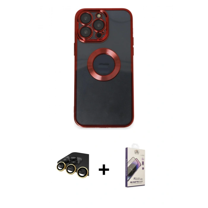 MARSİLYAN™- iPhone 14 Pro Kılıf Pusula Form - Siyah Bilvis 3D Mat Cam Ekran Koruyucu + Raze Metal Kamera Lens - GD
