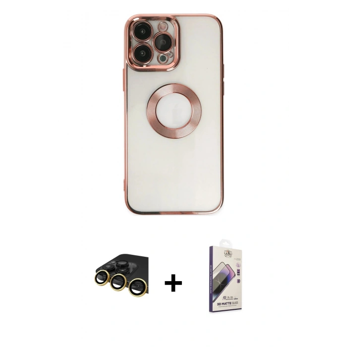 MARSİLYAN™- iPhone 14 Pro Kılıf Pusula Form - Siyah Bilvis 3D Mat Cam Ekran Koruyucu + Raze Metal Kamera Lens - GD