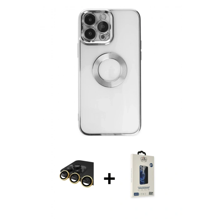 MARSİLYAN™- iPhone 14 Pro Kılıf Pusula Form - Siyah Bilvis Hayalet Cam Ekran Koruyucu + Raze Metal Kamera Lens - GD