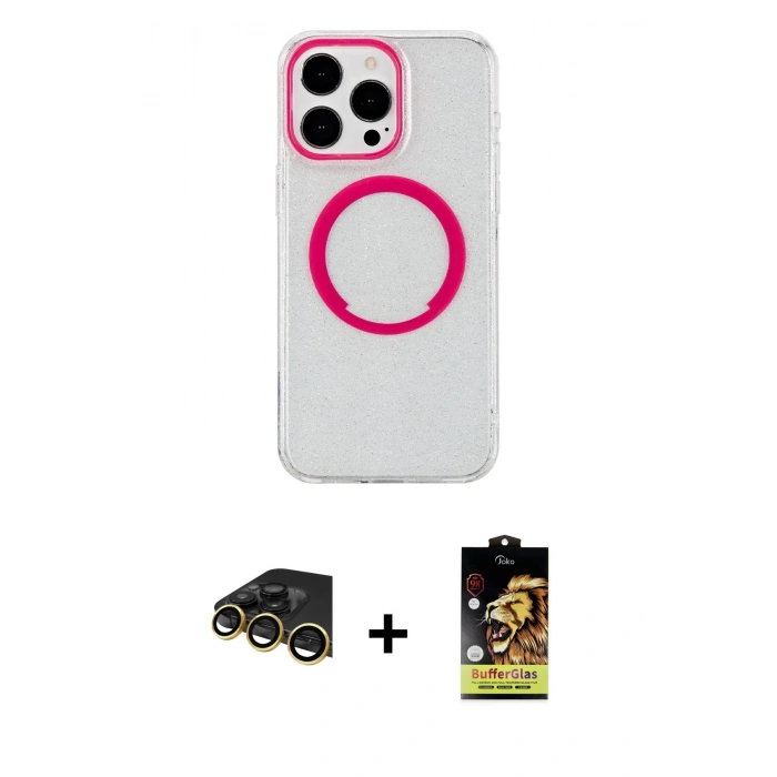 MARSİLYAN™- iPhone 14 Pro Kılıf Pusula Form - Siyah Buffer Cam Ekran Koruyucu + Raze Metal Kamera Lens - GD