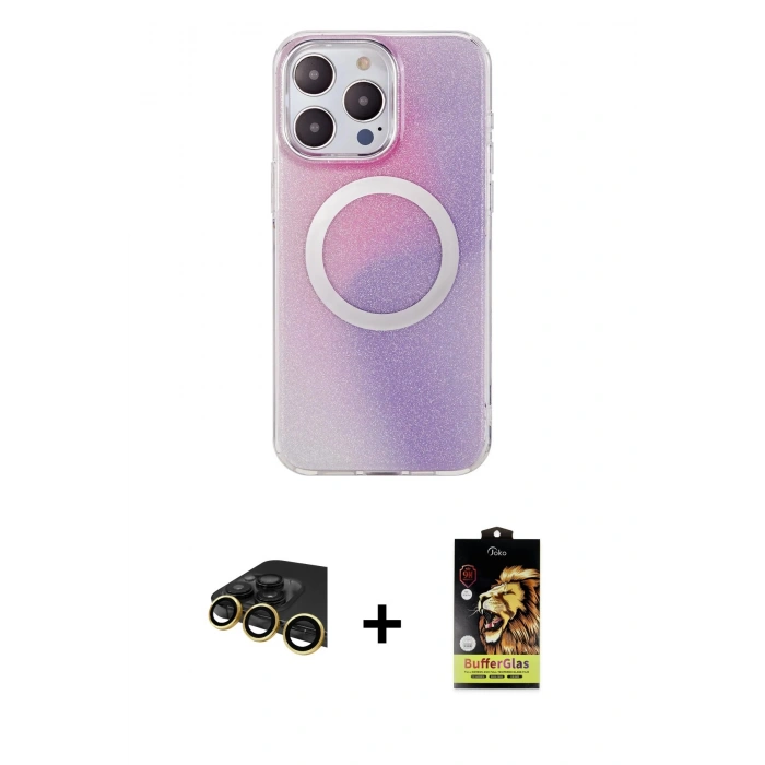 MARSİLYAN™- iPhone 14 Pro Kılıf Pusula Form - Siyah Buffer Cam Ekran Koruyucu + Raze Metal Kamera Lens - GD