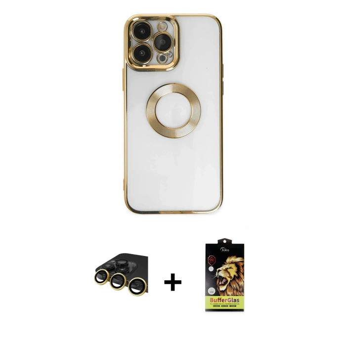MARSİLYAN™- iPhone 14 Pro Kılıf Pusula Form - Siyah Buffer Cam Ekran Koruyucu + Raze Metal Kamera Lens - GD