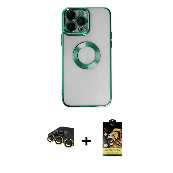 MARSİLYAN™- iPhone 14 Pro Kılıf Pusula Form - Siyah Buffer Cam Ekran Koruyucu + Raze Metal Kamera Lens - GD