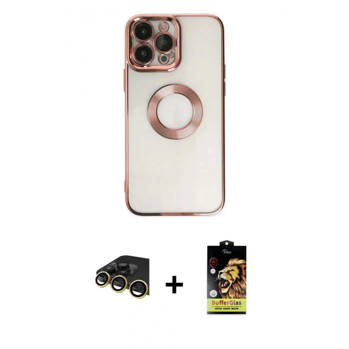 MARSİLYAN™- iPhone 14 Pro Kılıf Pusula Form - Siyah Buffer Cam Ekran Koruyucu + Raze Metal Kamera Lens - GD