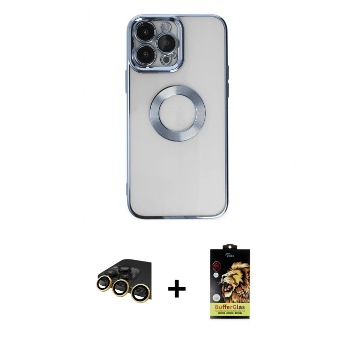 MARSİLYAN™- iPhone 14 Pro Kılıf Pusula Form - Siyah Buffer Cam Ekran Koruyucu + Raze Metal Kamera Lens - GD