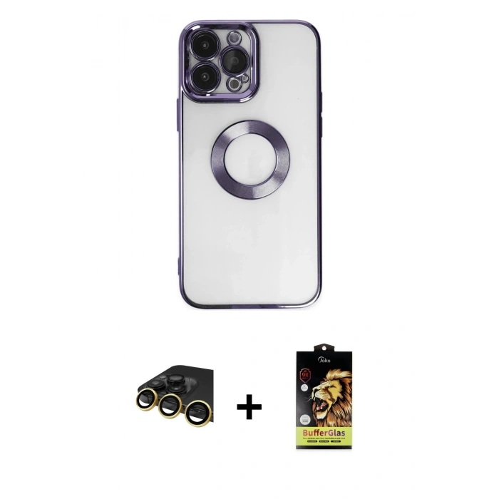 MARSİLYAN™- iPhone 14 Pro Kılıf Pusula Form - Siyah Buffer Cam Ekran Koruyucu + Raze Metal Kamera Lens - GD