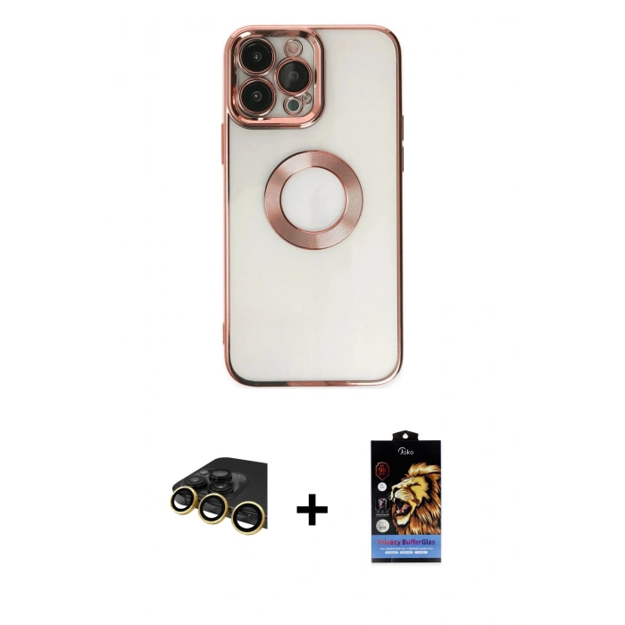 MARSİLYAN™- iPhone 14 Pro Kılıf Pusula Form - Siyah Buffer Hayalet Cam Ekran Koruyucu + Gold Raze Metal Kamera Lens