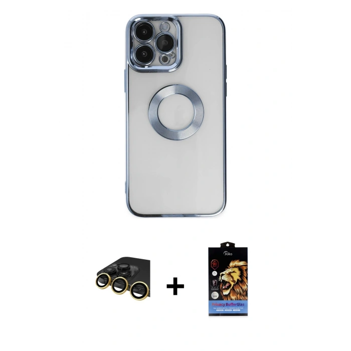 MARSİLYAN™- iPhone 14 Pro Kılıf Pusula Form - Siyah Buffer Hayalet Cam Ekran Koruyucu + Gold Raze Metal Kamera Lens