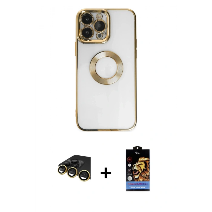 MARSİLYAN™- iPhone 14 Pro Kılıf Pusula Form - Siyah Buffer Hayalet Cam Ekran Koruyucu + Gold Raze Metal Kamera Lens