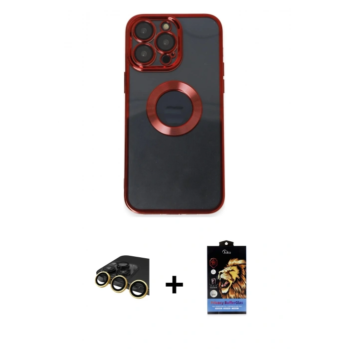 MARSİLYAN™- iPhone 14 Pro Kılıf Pusula Form - Siyah Buffer Hayalet Cam Ekran Koruyucu + Gold Raze Metal Kamera Lens