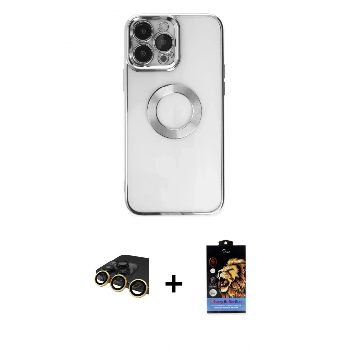 MARSİLYAN™- iPhone 14 Pro Kılıf Pusula Form - Siyah Buffer Hayalet Cam Ekran Koruyucu + Gold Raze Metal Kamera Lens