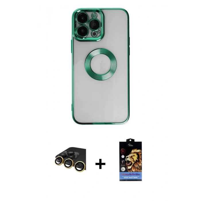 MARSİLYAN™- iPhone 14 Pro Kılıf Pusula Form - Siyah Buffer Hayalet Cam Ekran Koruyucu + Gold Raze Metal Kamera Lens