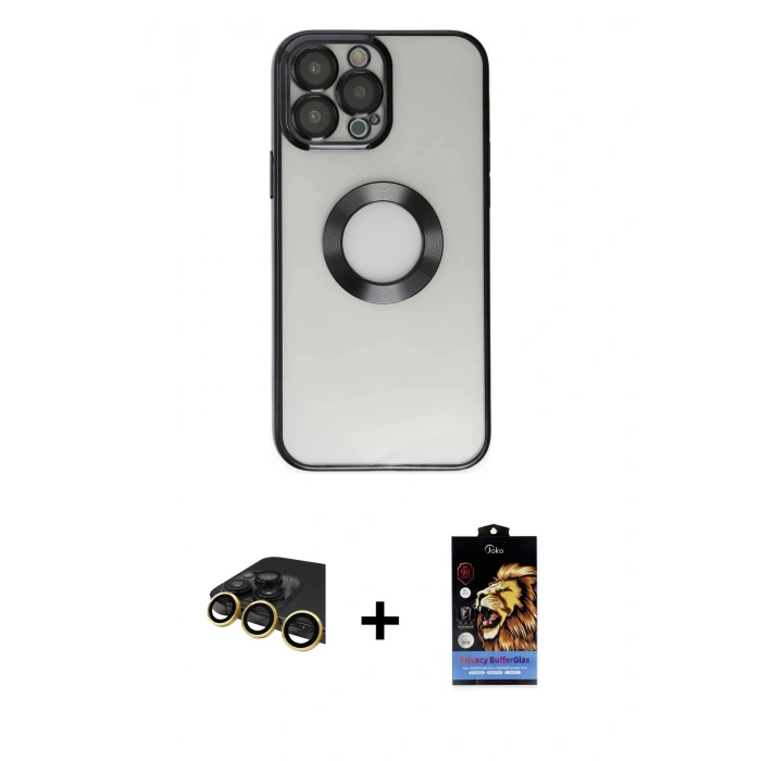 MARSİLYAN™- iPhone 14 Pro Kılıf Pusula Form - Siyah Buffer Hayalet Cam Ekran Koruyucu + Gold Raze Metal Kamera Lens