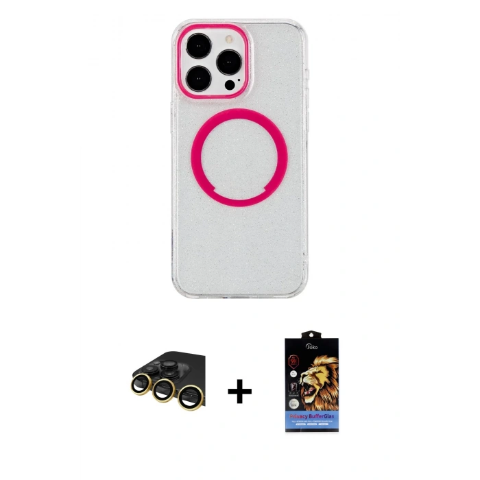 MARSİLYAN™- iPhone 14 Pro Kılıf Pusula Form - Siyah Buffer Hayalet Cam Ekran Koruyucu + Raze Metal Kamera Lens - GD