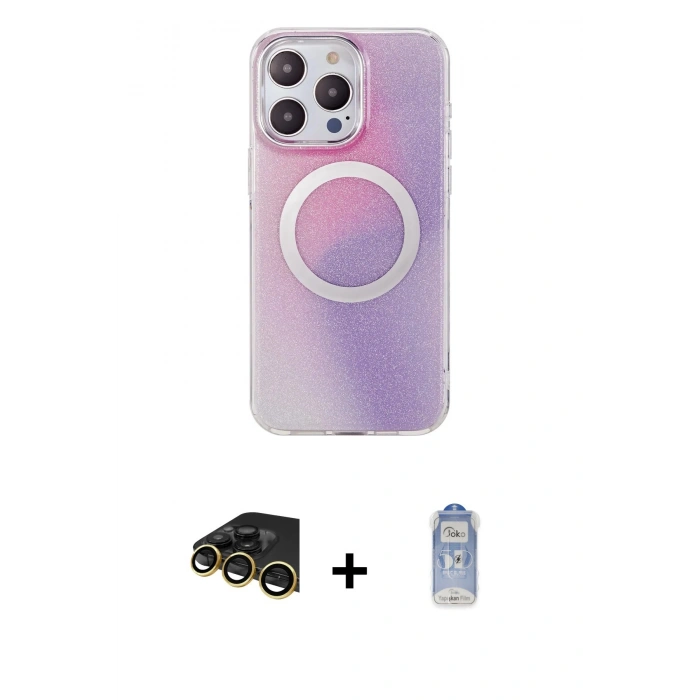 MARSİLYAN™- iPhone 14 Pro Kılıf Pusula Form - Siyah Joko Magic 5D Cam + Gold Raze Metal Kamera Lens