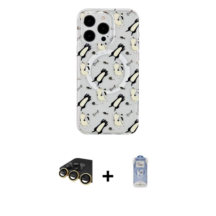 MARSİLYAN™- iPhone 14 Pro Kılıf Pusula Form - Siyah Joko Magic 5D Cam + Gold Raze Metal Kamera Lens