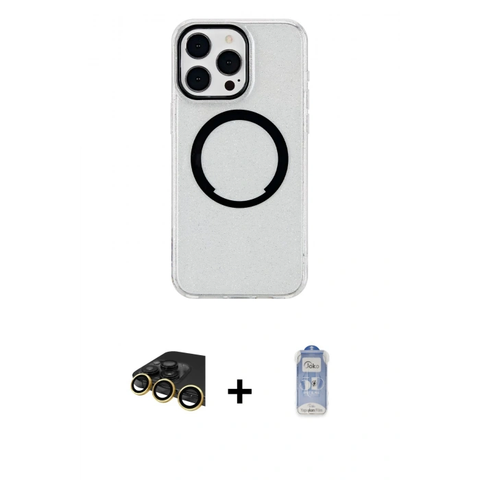 MARSİLYAN™- iPhone 14 Pro Kılıf Pusula Form - Siyah Joko Magic 5D Cam + Gold Raze Metal Kamera Lens