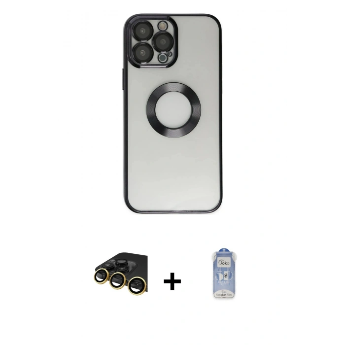 MARSİLYAN™- iPhone 14 Pro Kılıf Pusula Form - Siyah Joko Magic 5D Cam + Raze Metal Kamera Lens - GD