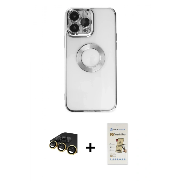 MARSİLYAN™- iPhone 14 Pro Kılıf Pusula Form - Siyah Mat Seramik Nano Ekran Koruyucu + Raze Metal Kamera Lens - GD