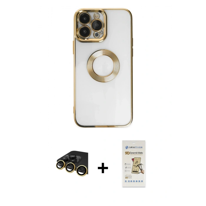 MARSİLYAN™- iPhone 14 Pro Kılıf Pusula Form - Siyah Mat Seramik Nano Ekran Koruyucu + Raze Metal Kamera Lens - GD